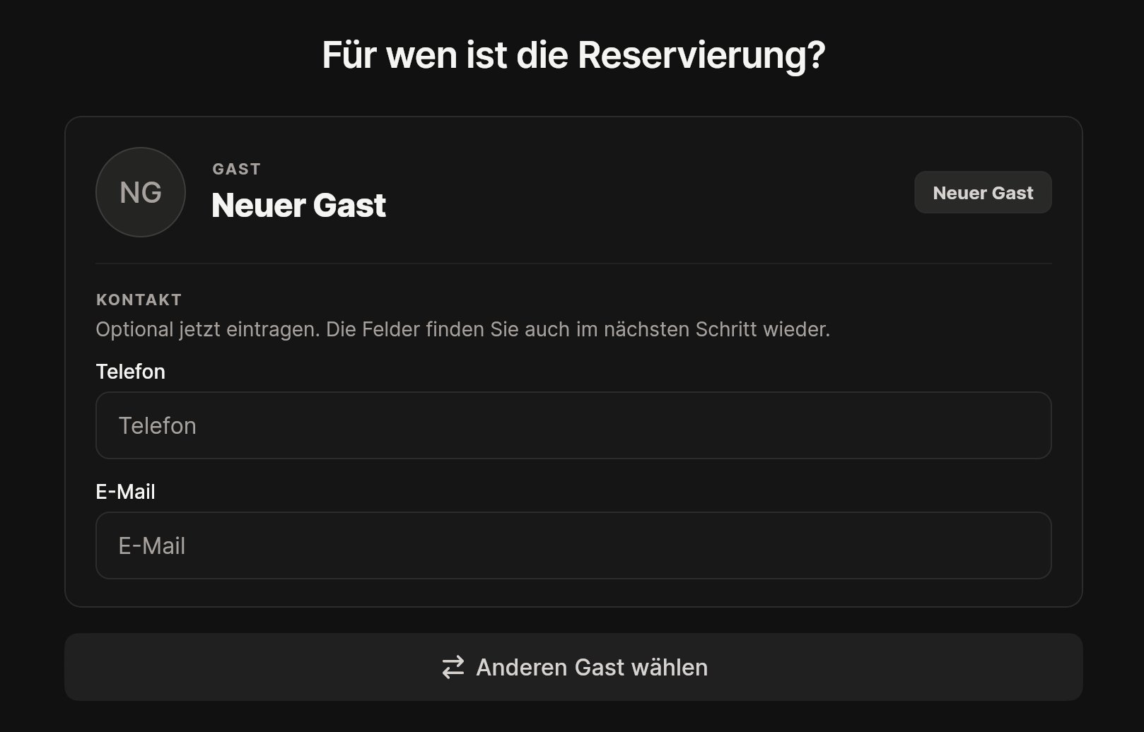 App – Gast auswählen oder neu anlegen