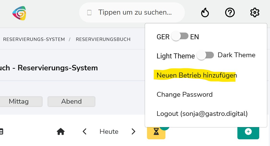 Neuen Betrieb hinzufügen – Zahnrad-Menü