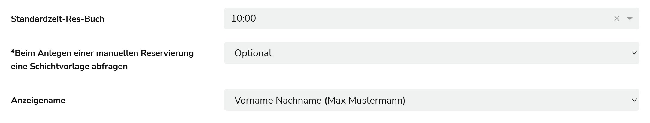 Standardzeit und Anzeigename