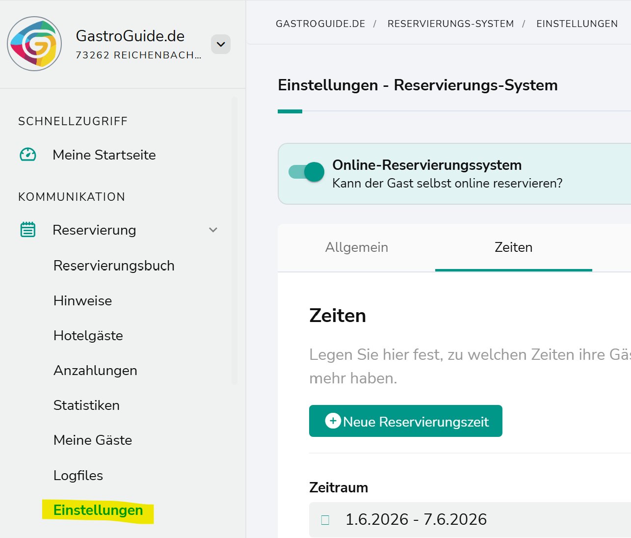 Navigation – Reservierung Einstellungen Zeiten