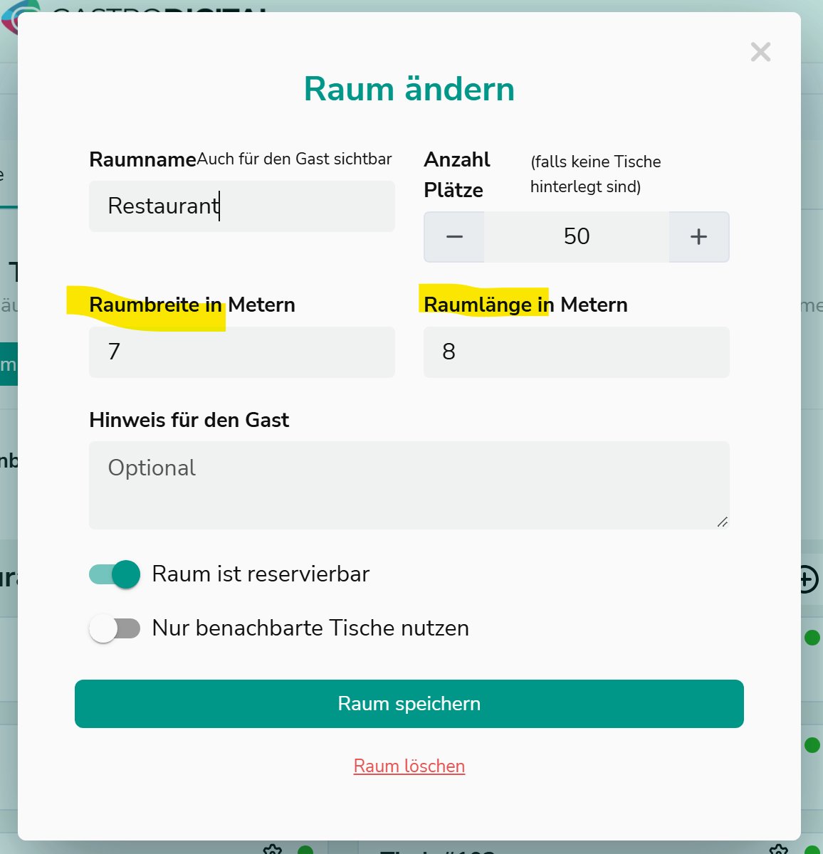 Raum bearbeiten – Breite und Länge festlegen