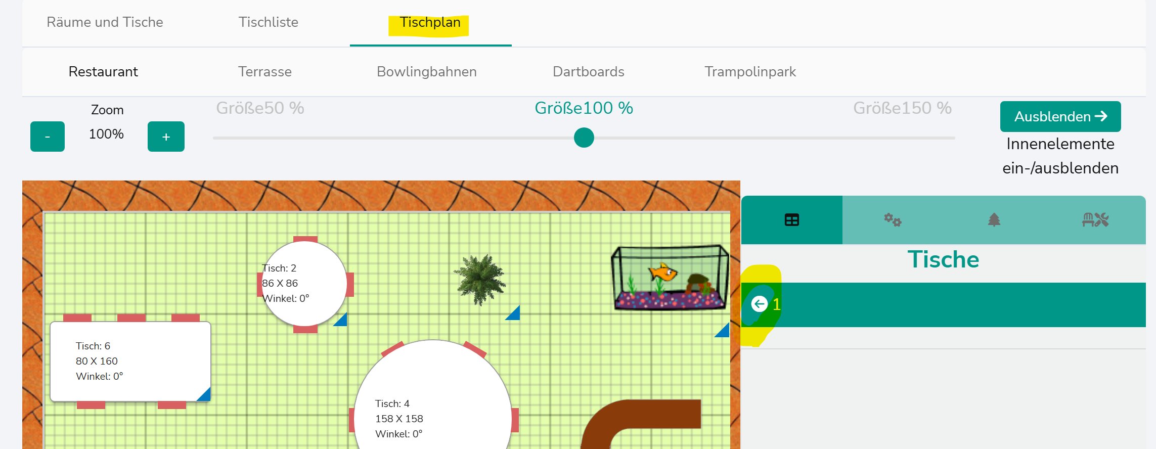 Tischplan – Übersicht mit Tischen und Räumen