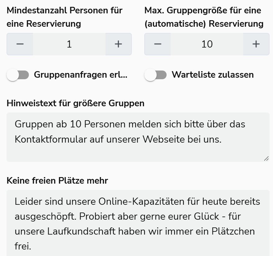 Gruppengrößen – Hinweistext bei Überschreitung