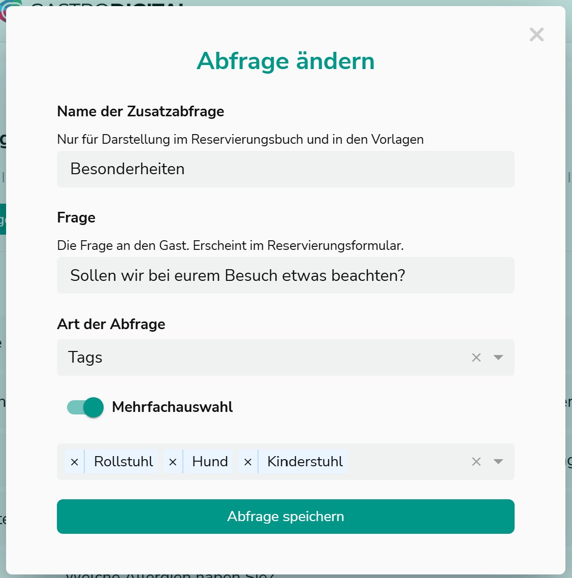 Tag-Abfrage mit Mehrfachauswahl – Rollstuhl, Hund, Kinderstuhl