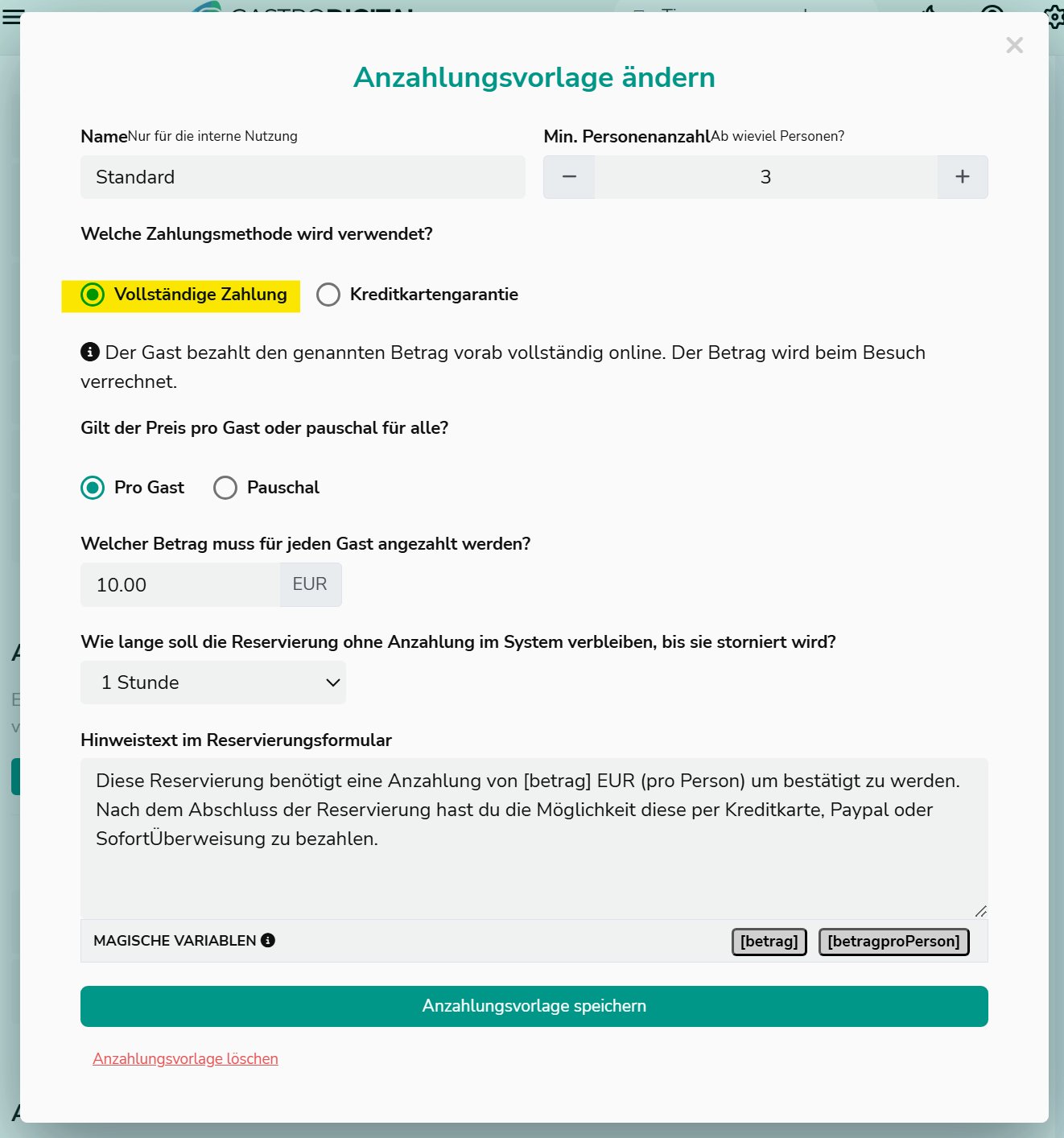 Neue Anzahlungsvorlage anlegen – Vollständige Zahlung