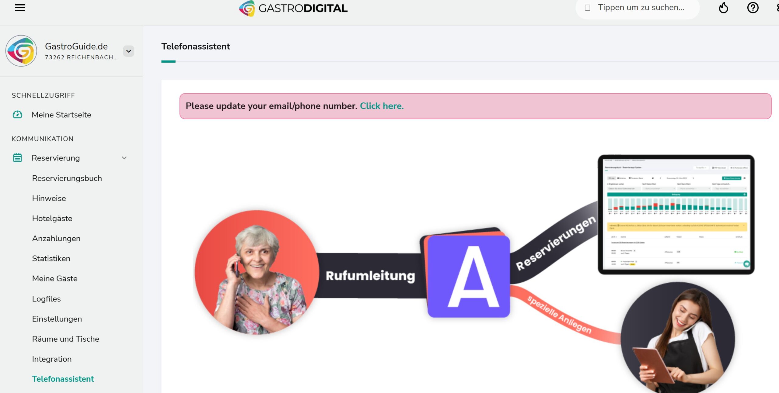 Telefonassistent – Übersichtsseite in Gastro.Digital