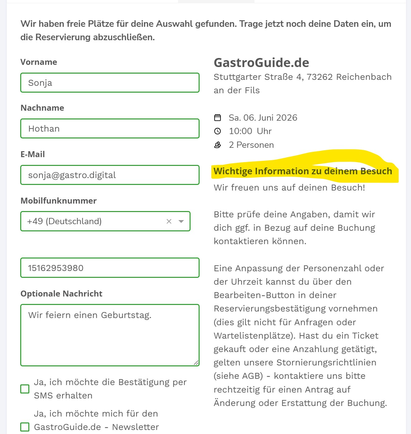 Infotext im Reservierungsformular