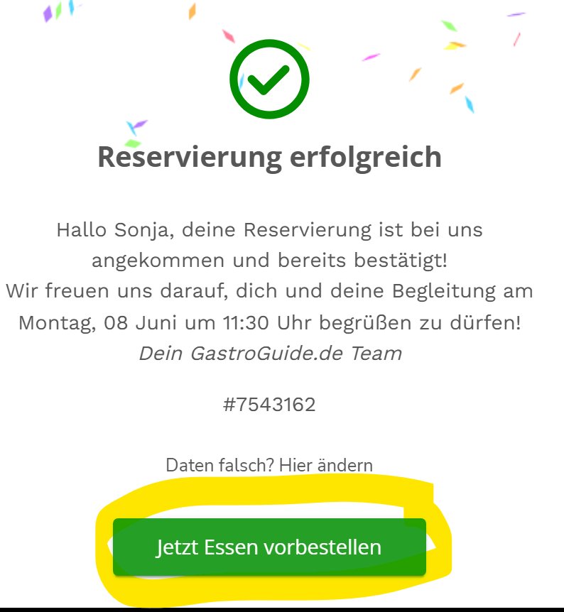 Reservierung erfolgreich – Button Jetzt Essen vorbestellen