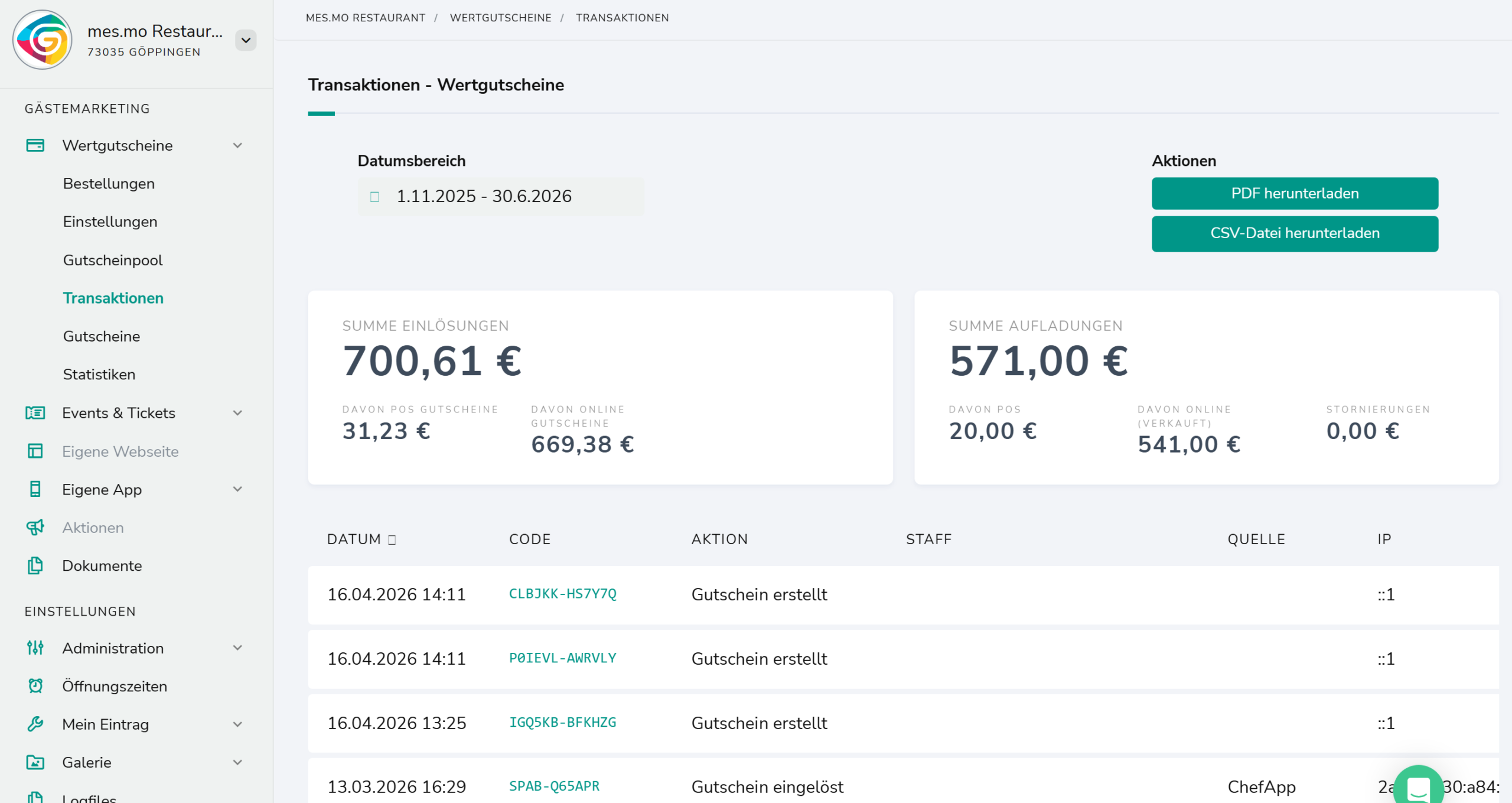 Kundencenter: Transaktionen – Wertgutscheine mit PDF- und CSV-Download