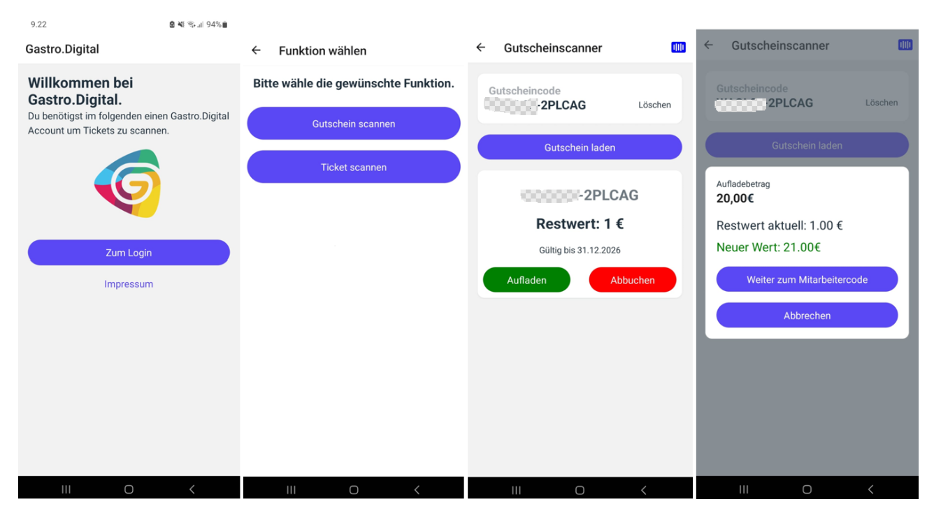 Gastro.Digital Gutscheinscanner-App: Login, Funktion wählen, Gutschein scannen, Aufladen