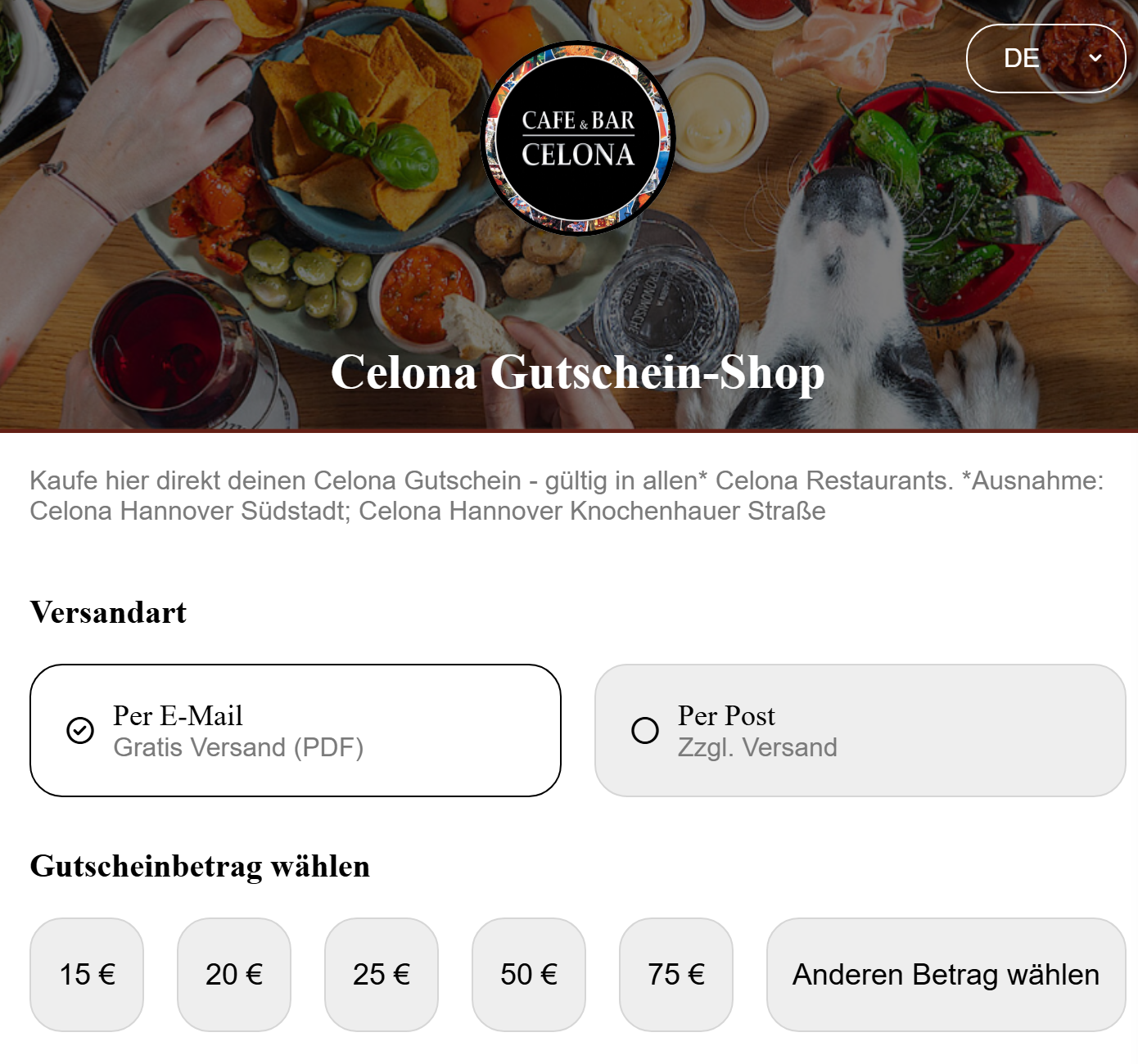 Gutscheinshop: Versandart und Betrag wählen