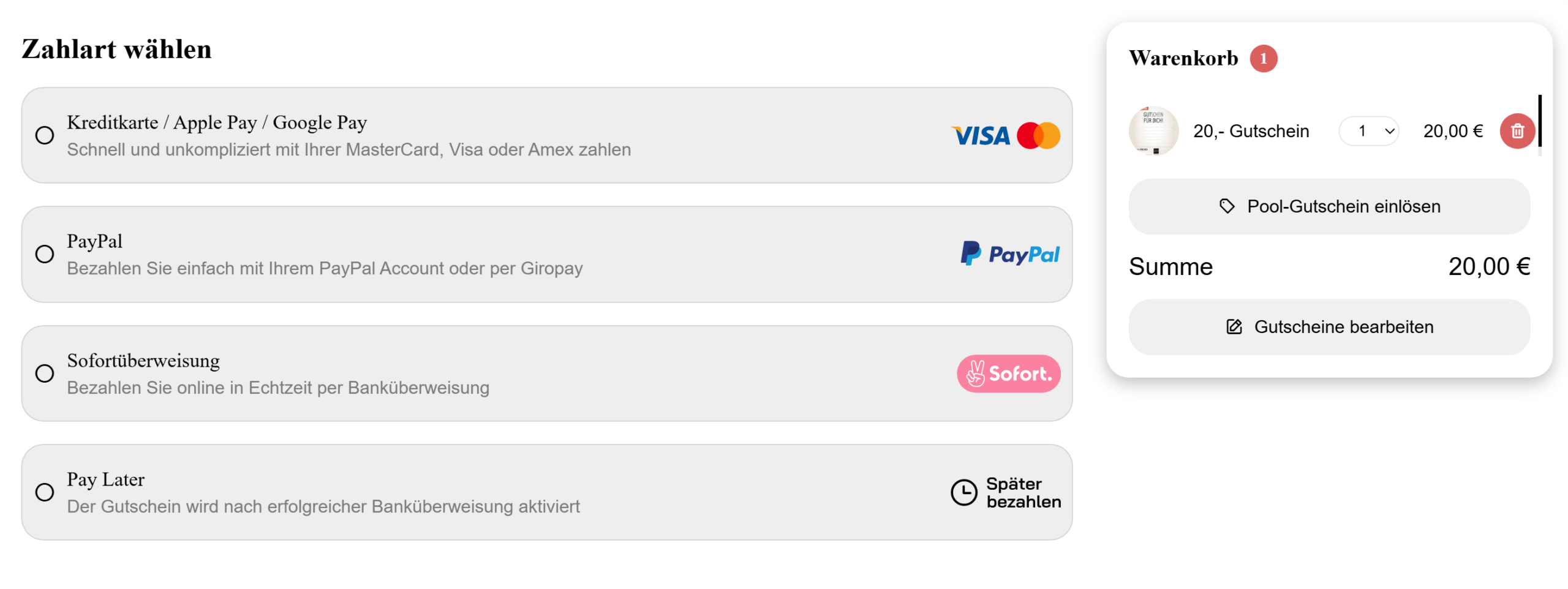 Gutscheinshop: Zahlart wählen