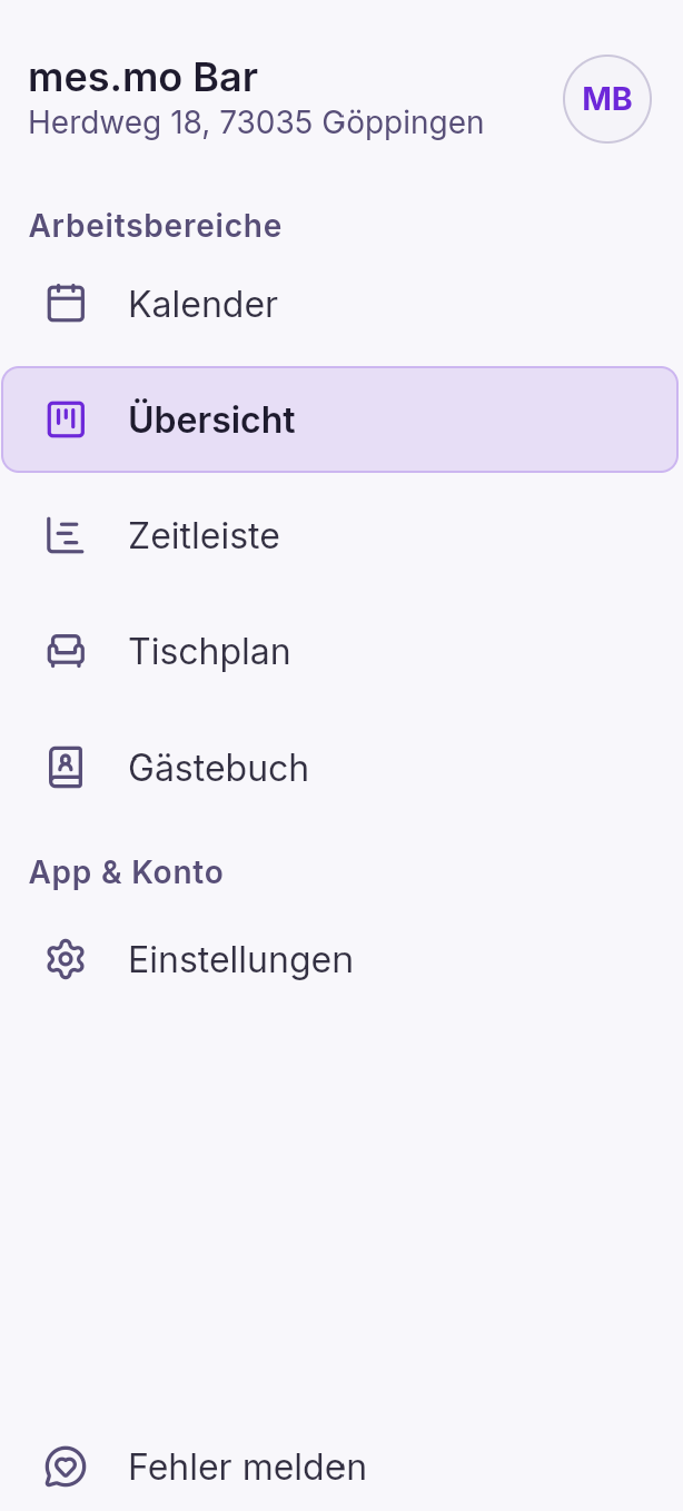 Reservierungsbuch App – Hauptmenü mit Arbeitsbereichen