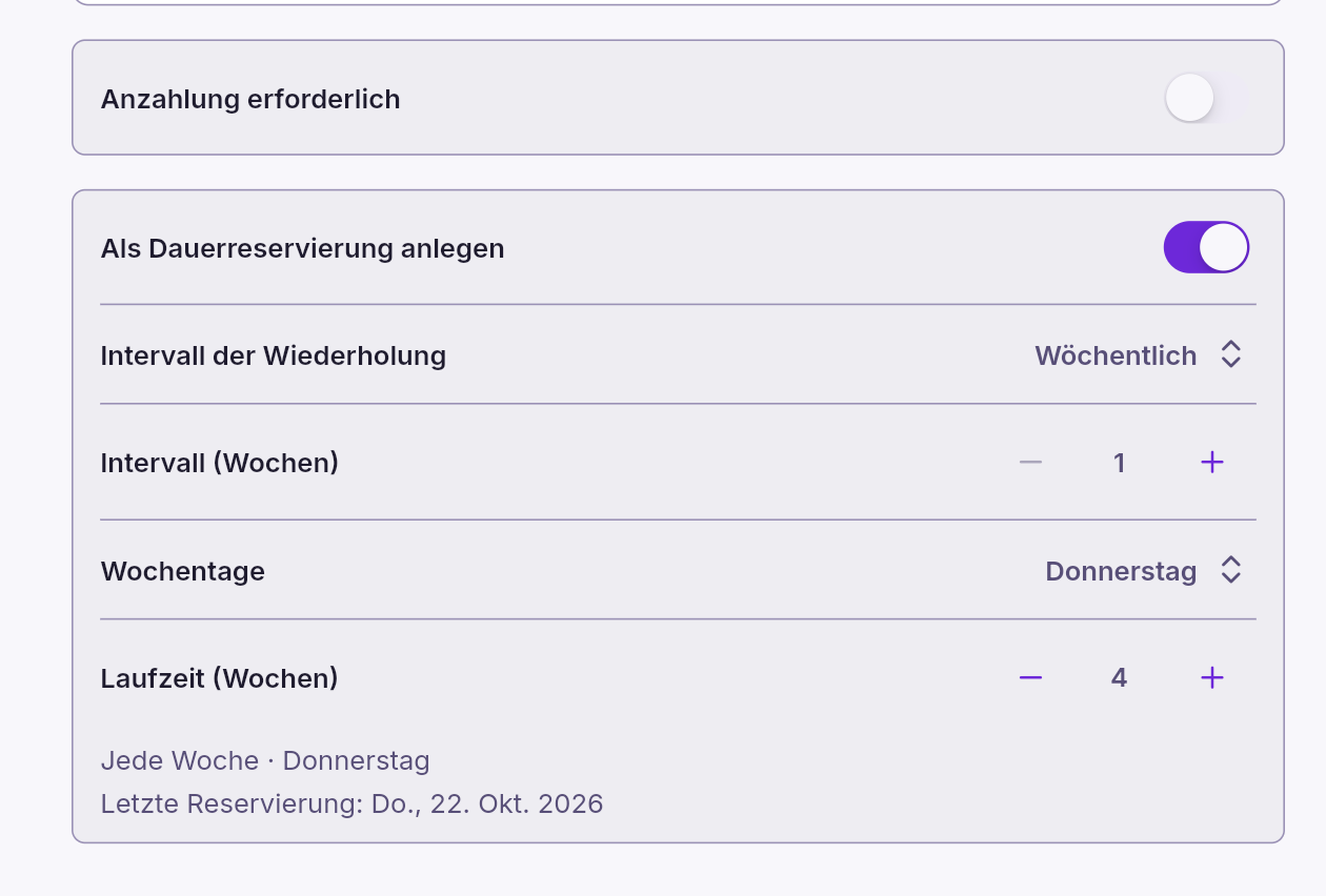 Reservierungsbuch App – Dauerreservierung