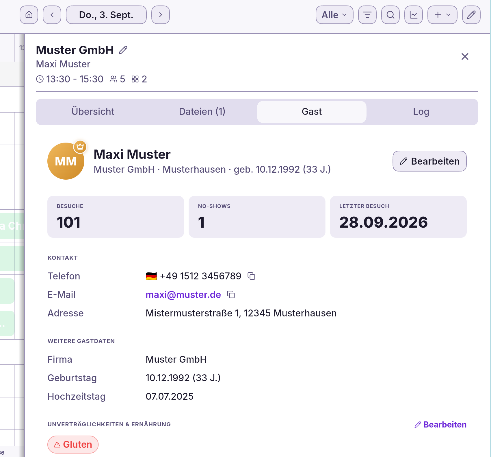 Reservierungsbuch App – Der Reiter „Gast“ zeigt das Gastprofil