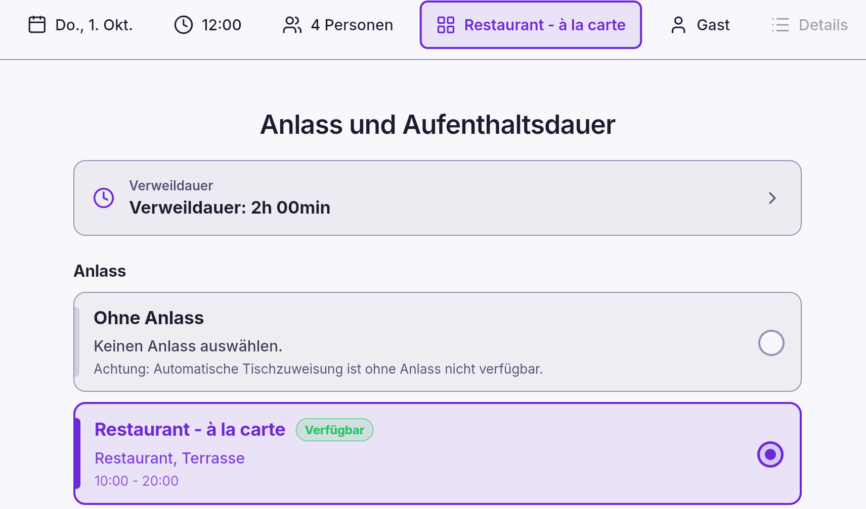 Reservierungsbuch App – Schritt 4: Anlass und Verweildauer