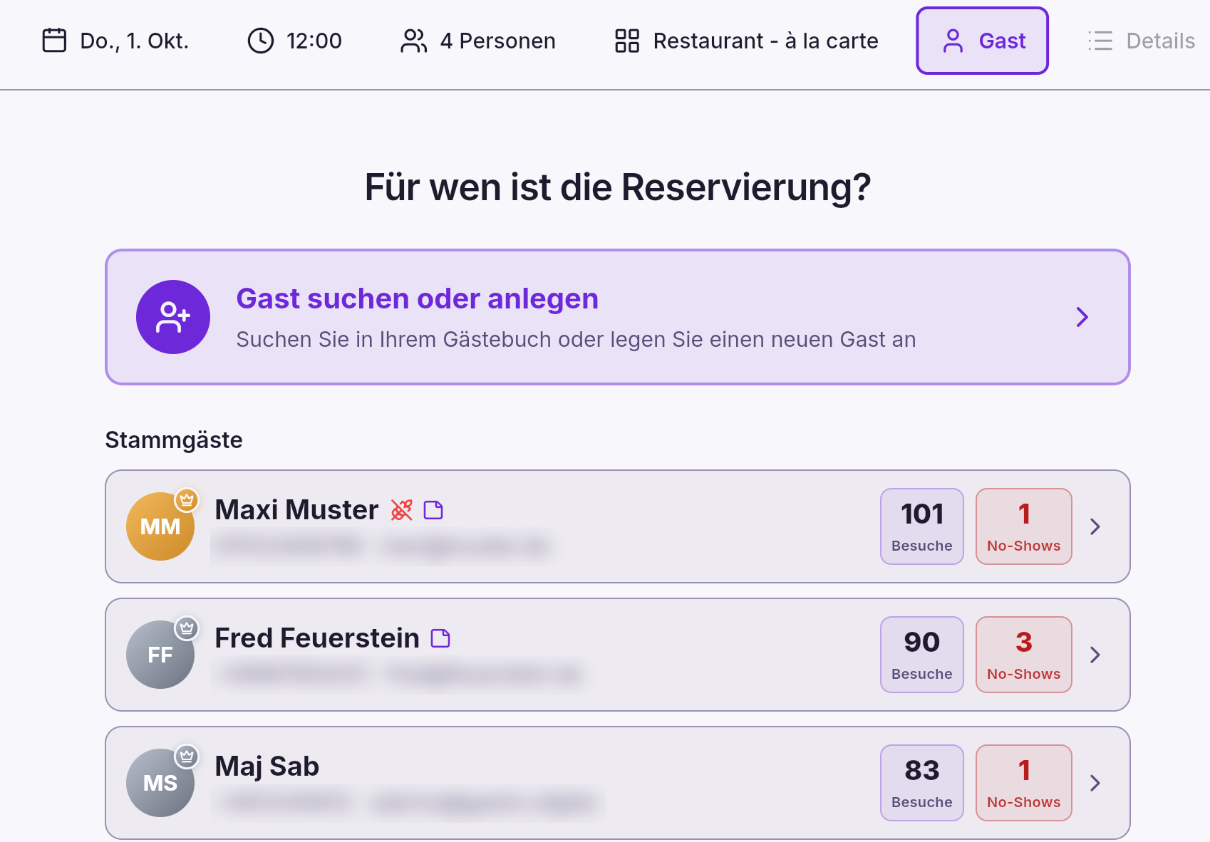 Reservierungsbuch App – Schritt 5: Stammgast auswählen oder Gast suchen und anlegen