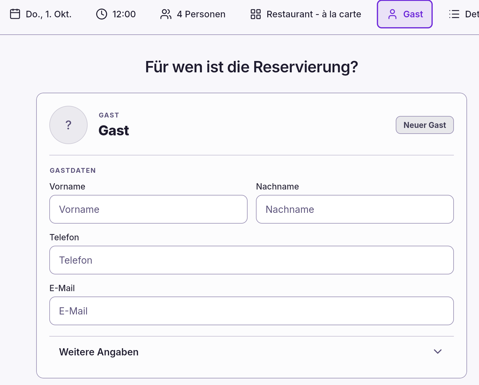 Reservierungsbuch App – Gastdaten für einen neuen Gast eintragen