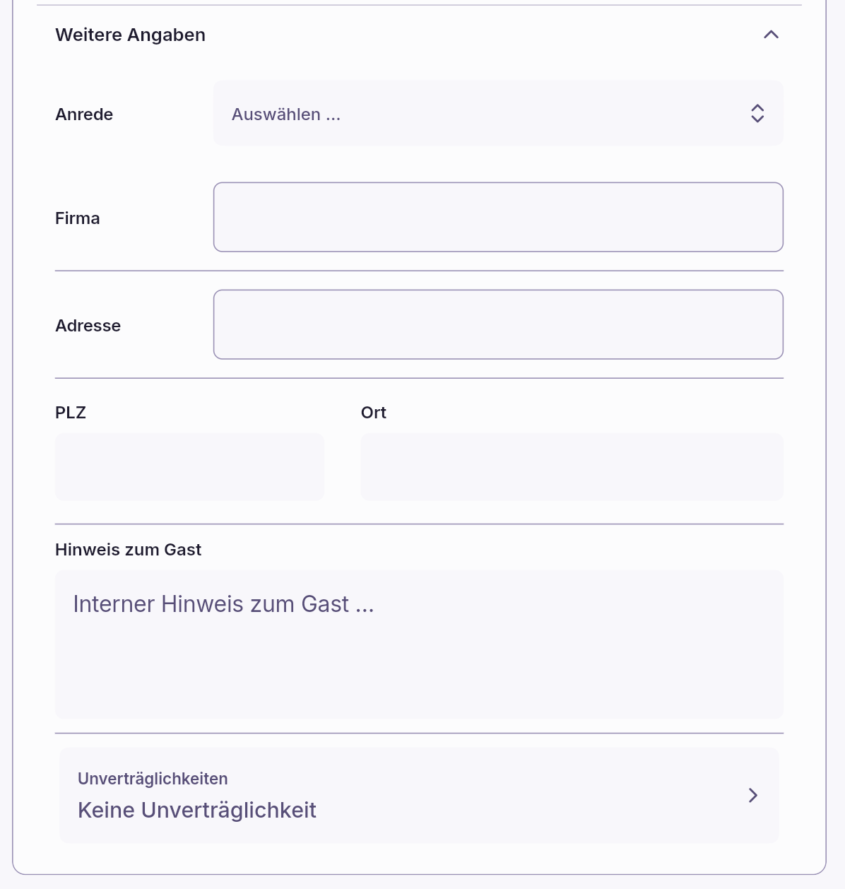 Reservierungsbuch App – Weitere Angaben zum Gast