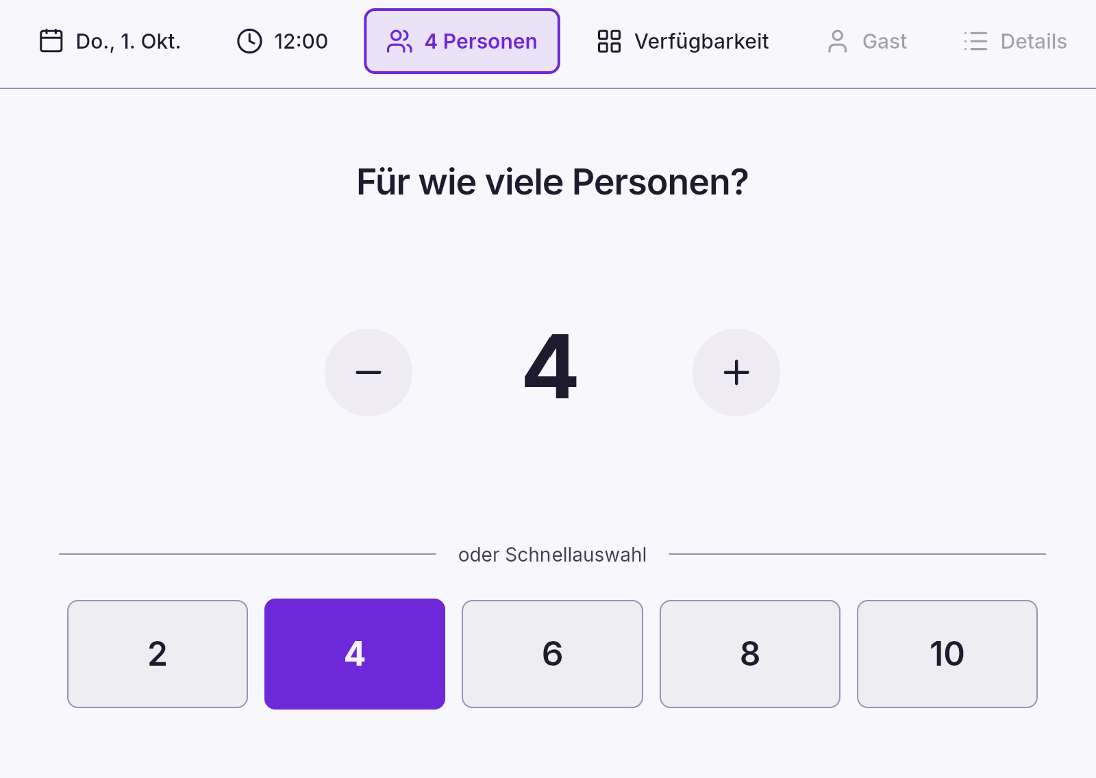 Reservierungsbuch App – Schritt 3: Personenzahl wählen