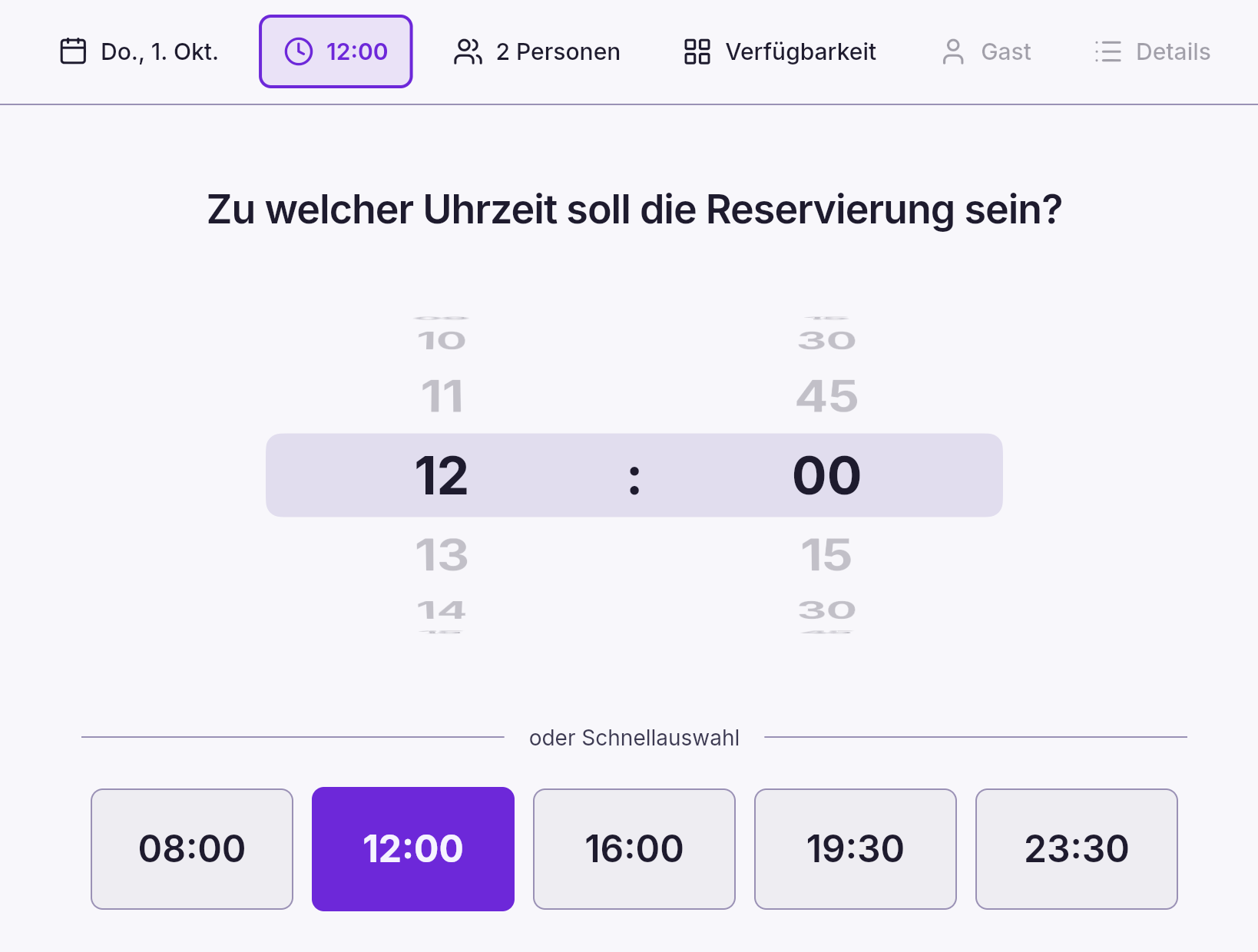 Reservierungsbuch App – Schritt 2: Uhrzeit per Drehrad oder Schnellauswahl
