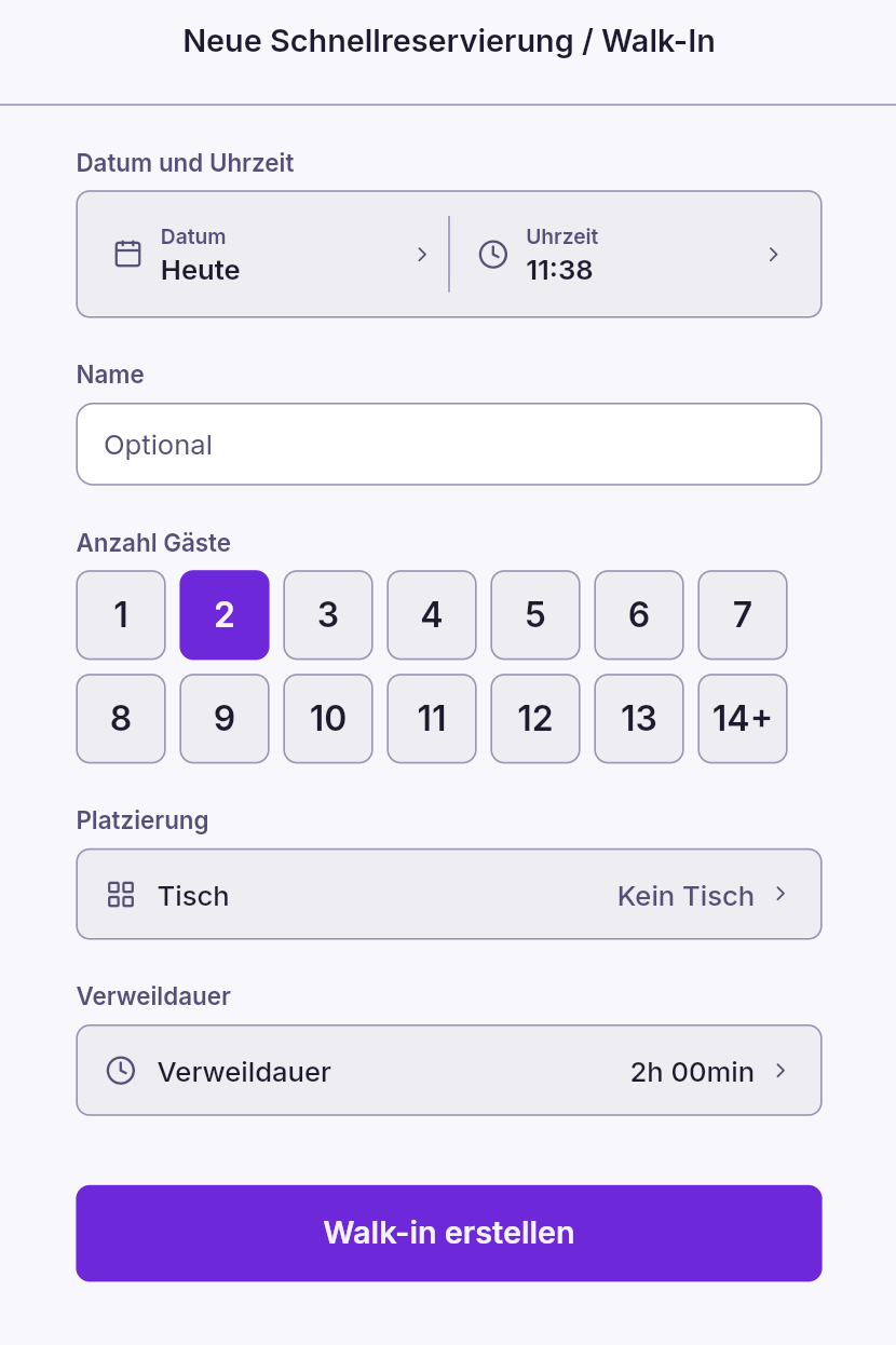 Reservierungsbuch App – Schnellreservierung / Walk-In