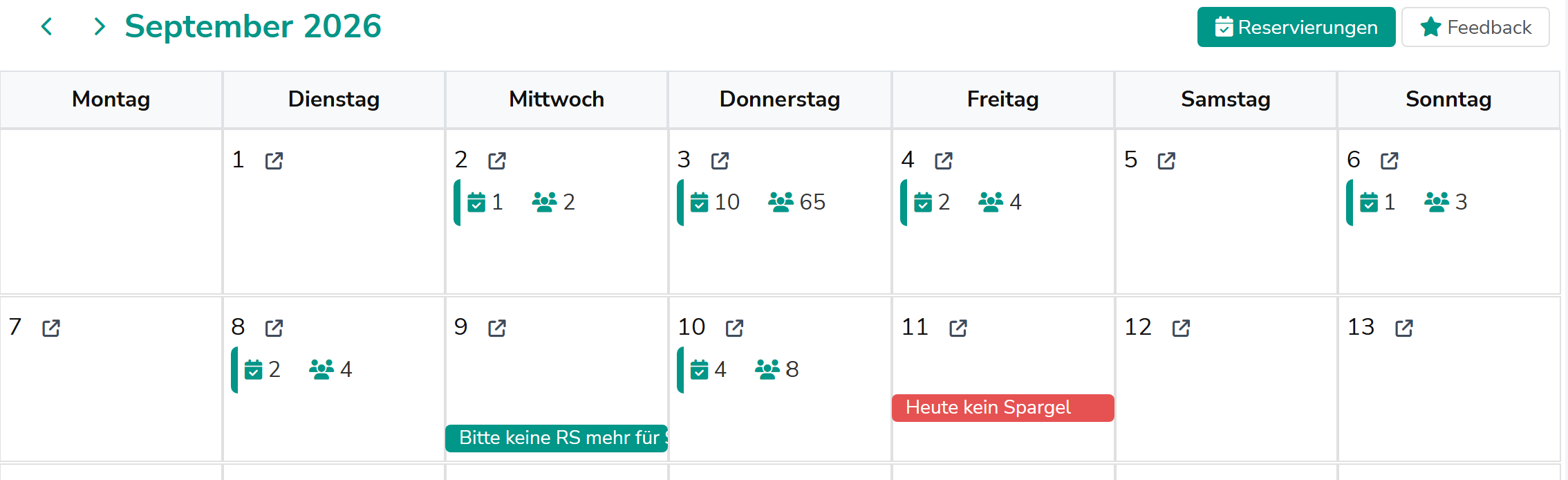 Hinweis in der Monatsübersicht des Reservierungsbuchs