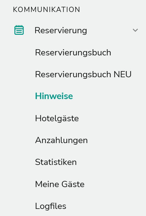 Navigation Hinweise im Reservierungssystem