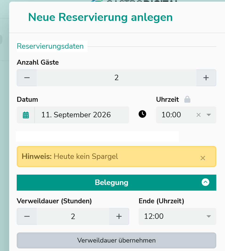 Hinweis beim Anlegen einer neuen Reservierung